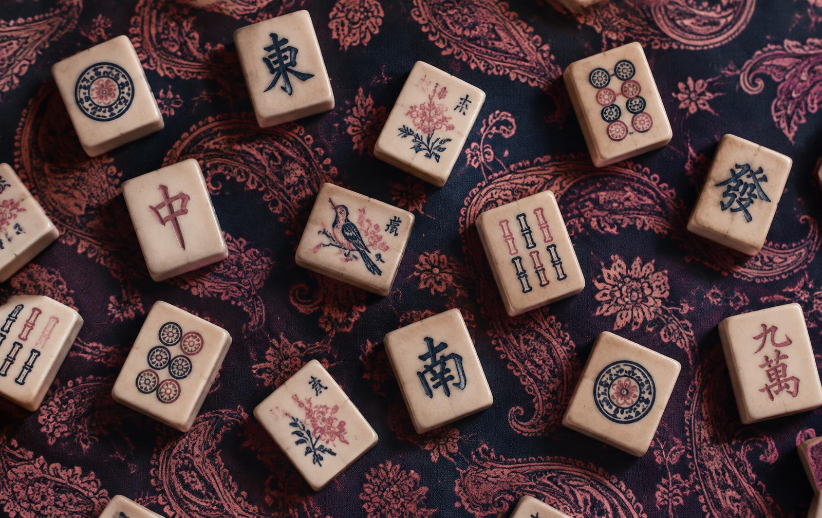 Mahjong tiles on a paisley cloth